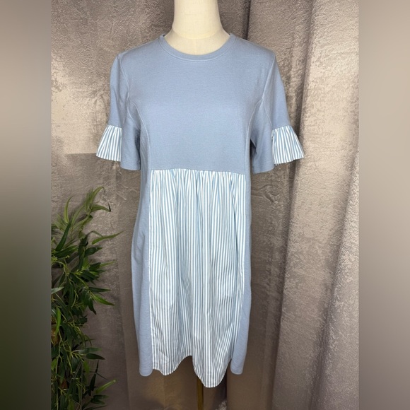 NEW English Factory Knit Stripe Woven Mixed Dress Blue & White Sz S - Picture 3 of 11